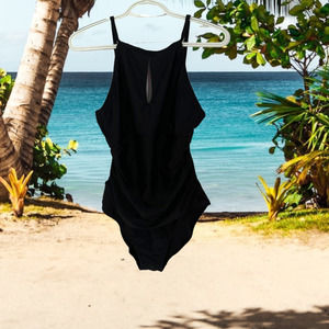 Ellen Tracy One Piece Swimsuit Black High Neck Keyhole Ruched Sides Size 14
